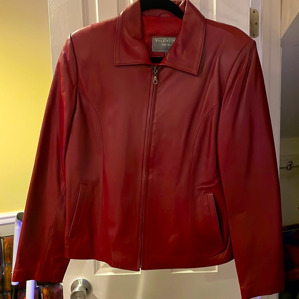 Stylish dark red leather zip up blazer